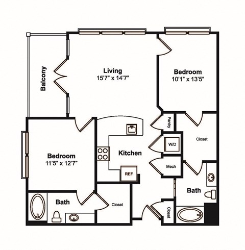 Floor plan for 2 beds, 2 baths, 1063 sqft